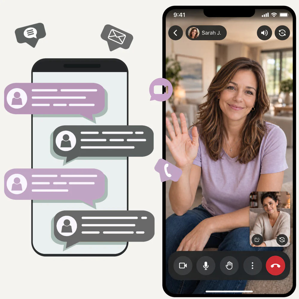 Online Christian counseling with a counselor on Google Meet, alongside private messaging on a phone.